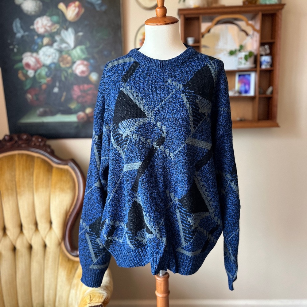 ☾ Vintage 80’s geometric blue, gray, and black sweater